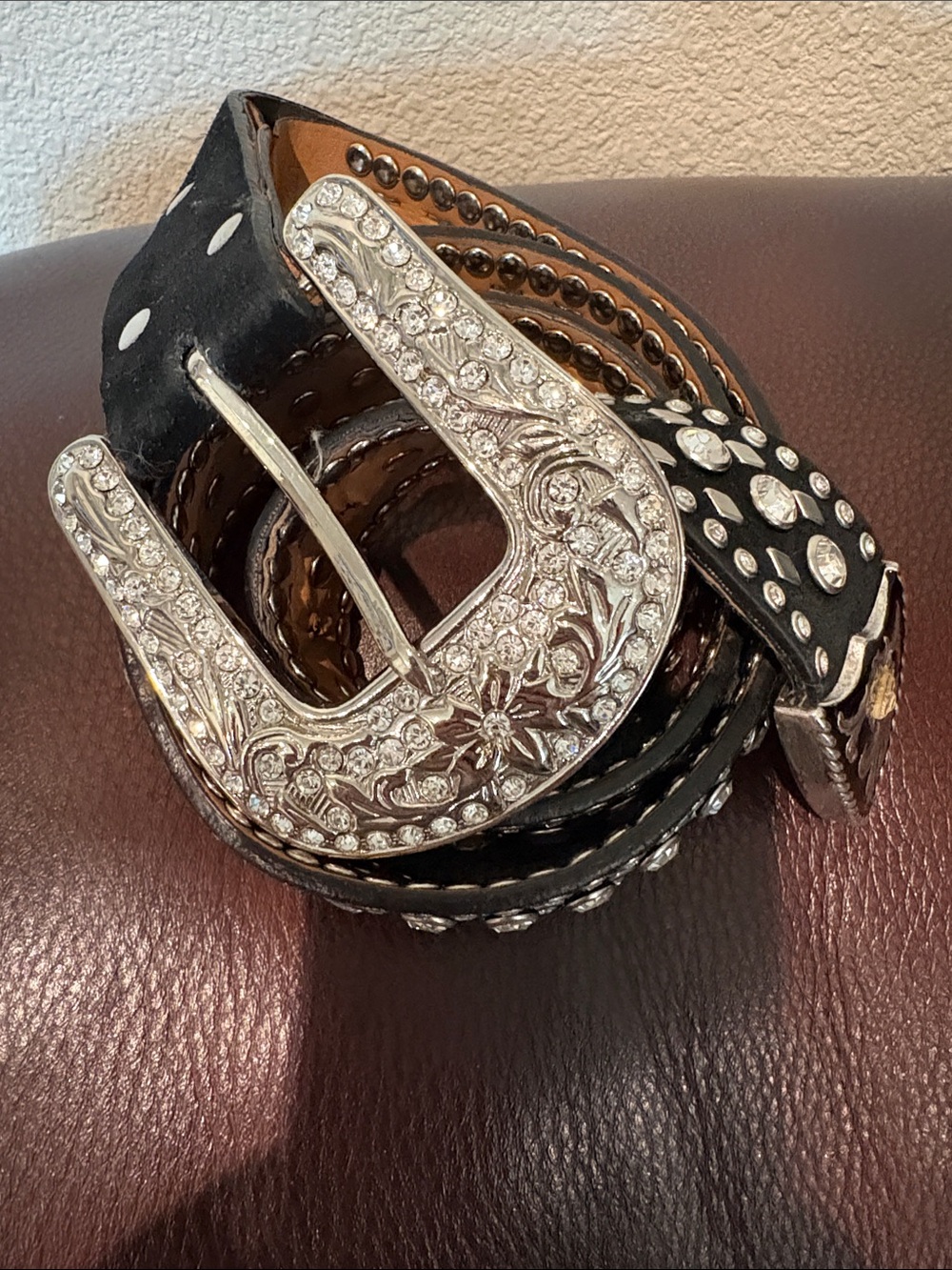 Women's Black Rhinestone Western Belt with Ornate Silver Buckle